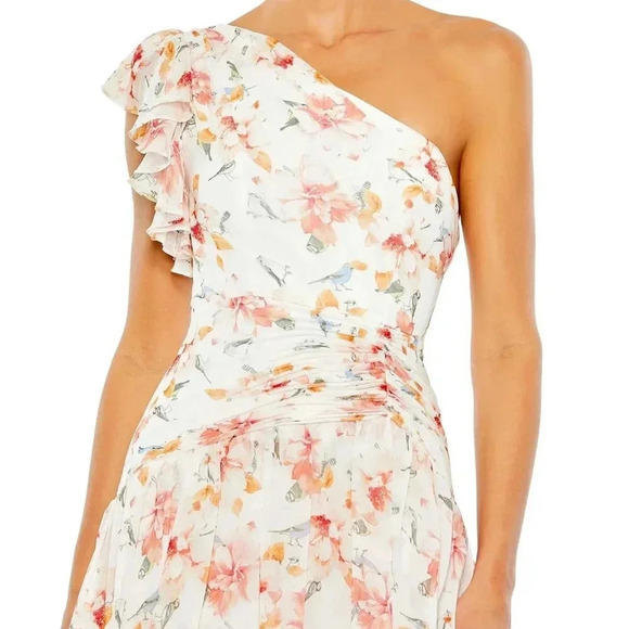 Size 8 Mac Duggal Floral Print Ruffle Tiered One Shoulder Gown Spring Dress - Picture 3 of 11